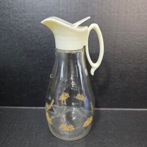 Log Cabin Syrup Pitcher Vintage Clear Glass Gold Eagle White Flip Lid 8.5in
